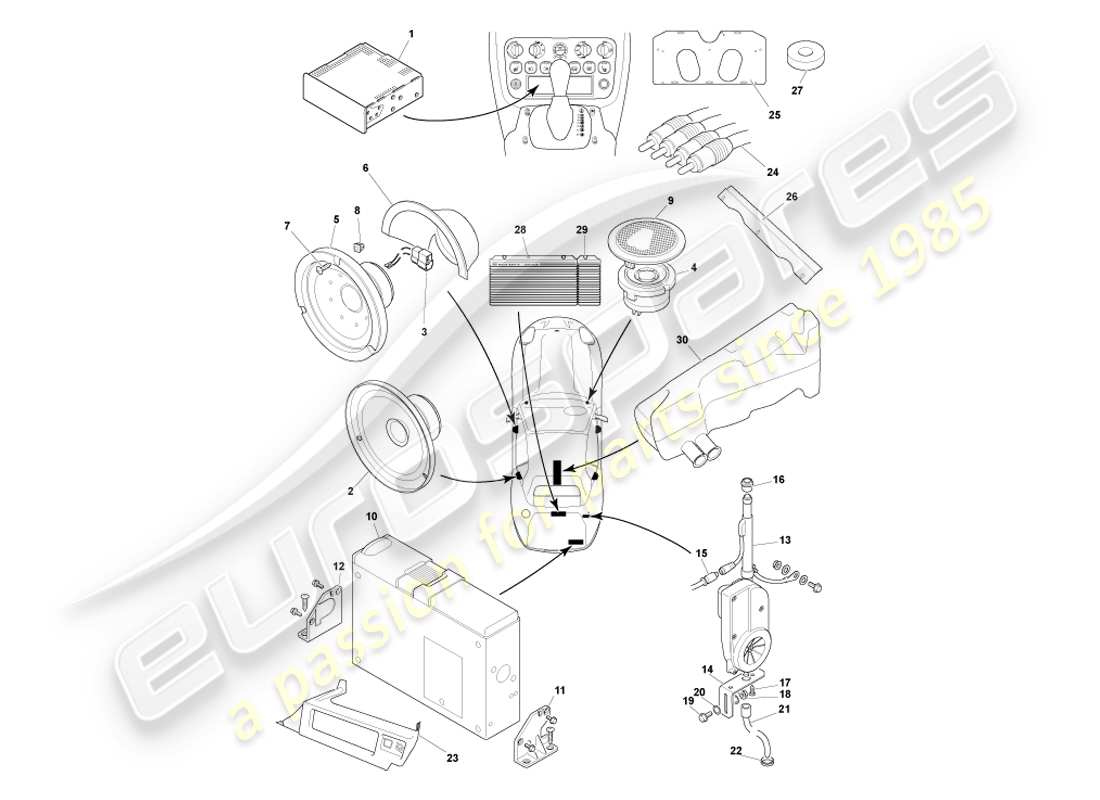 aston martin db7 vantage (2002) nel diagramma delle parti dell'intrattenimento per auto