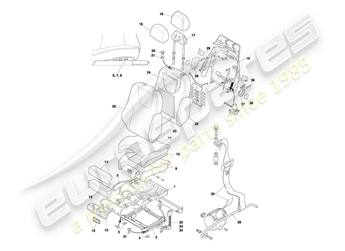 aston martin db7 vantage (1999) diagramma delle parti dei sedili anteriori e delle cinture