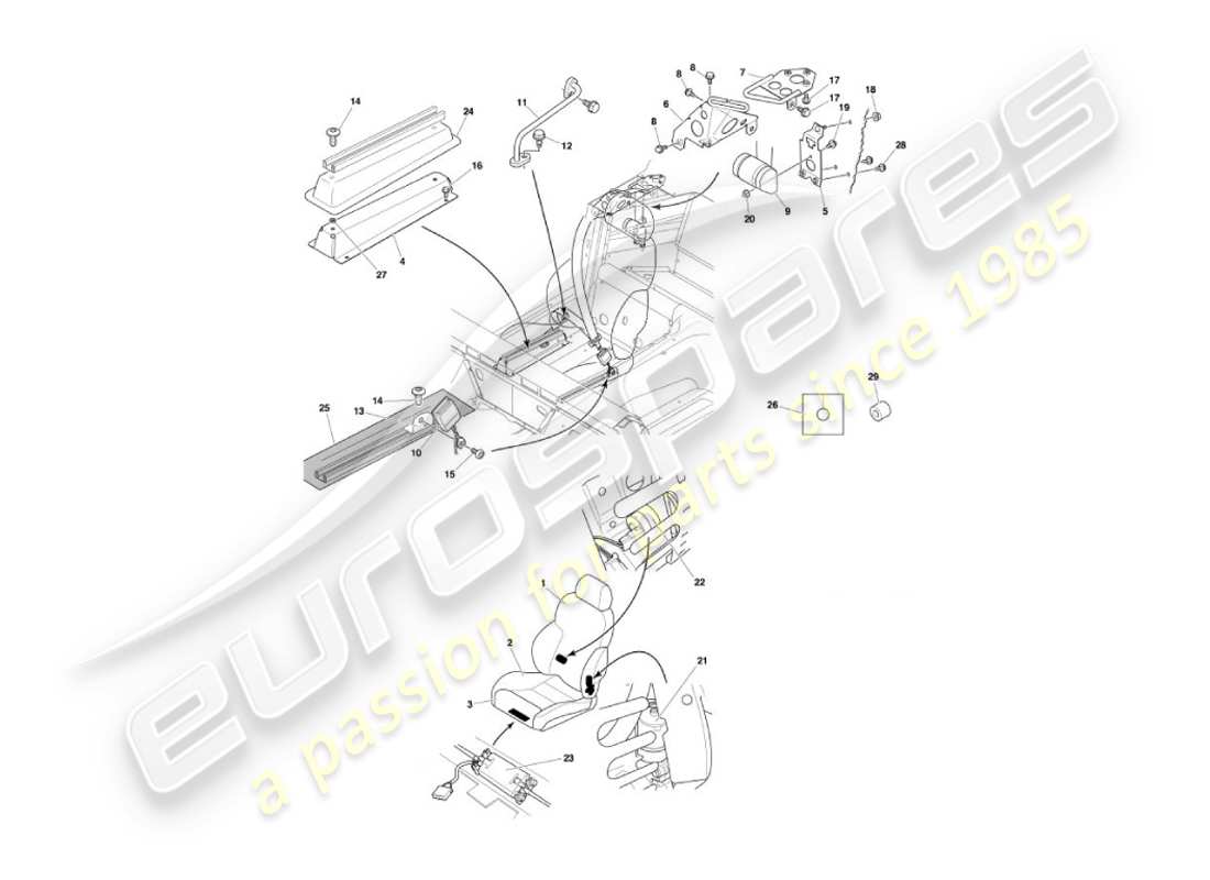 aston martin vanquish (2004) diagramma delle parti dei sedili anteriori e delle cinture