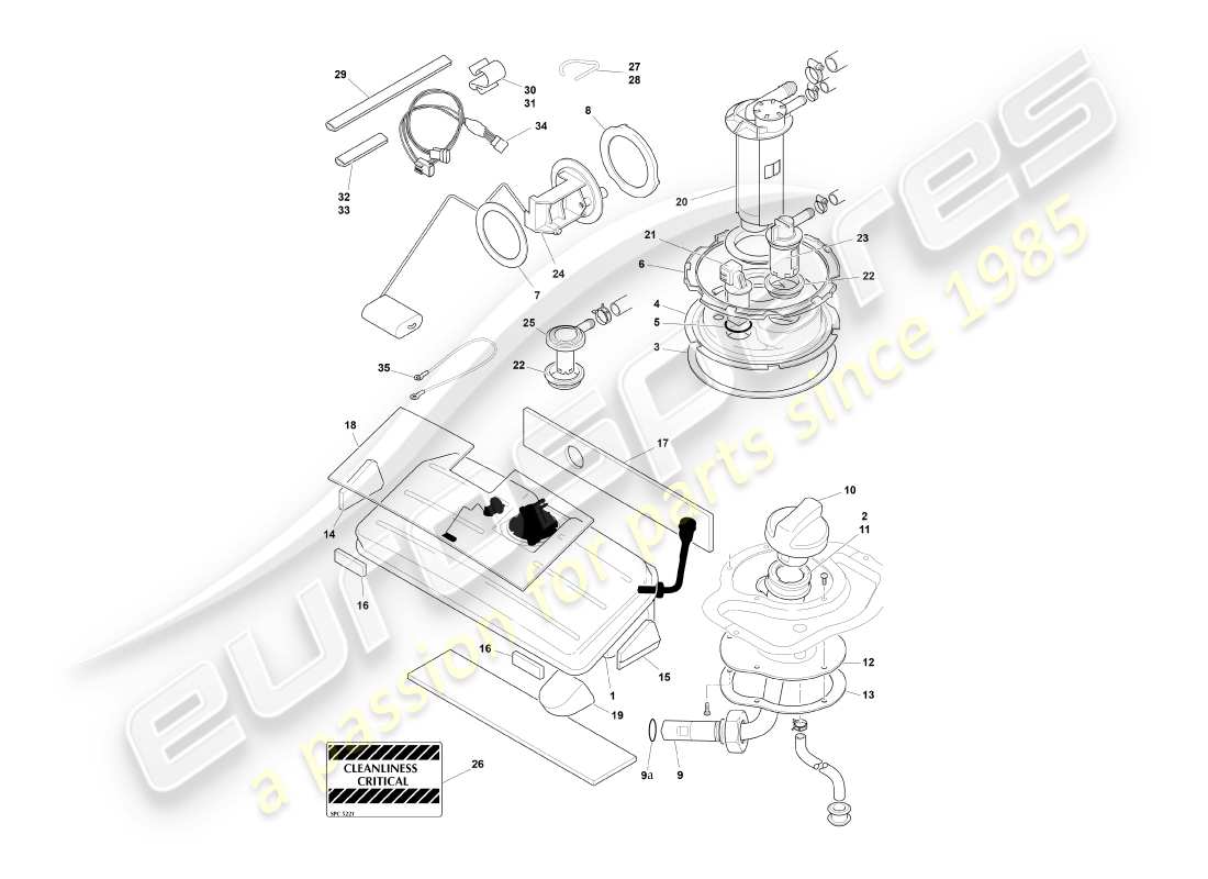 aston martin db7 vantage (2001) serbatoio del carburante, diagramma delle parti del volante