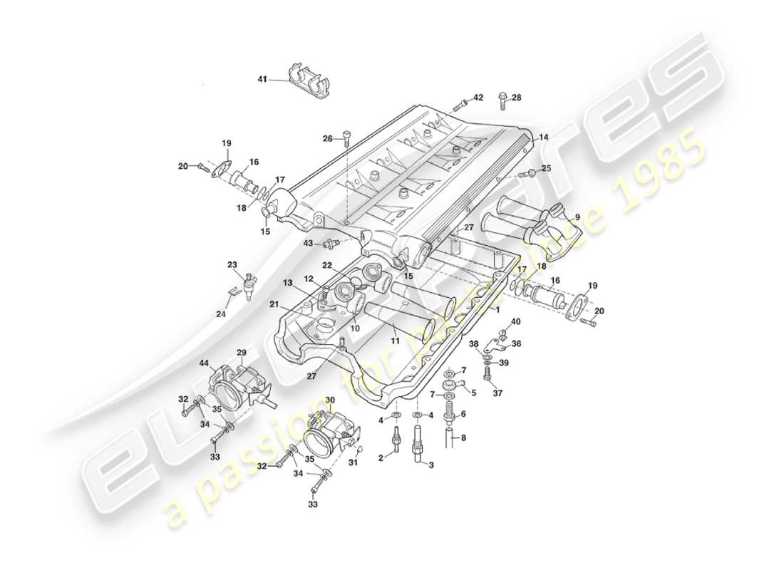 aston martin v8 virage (2000) collettori di aspirazione e diagramma delle parti del plenum