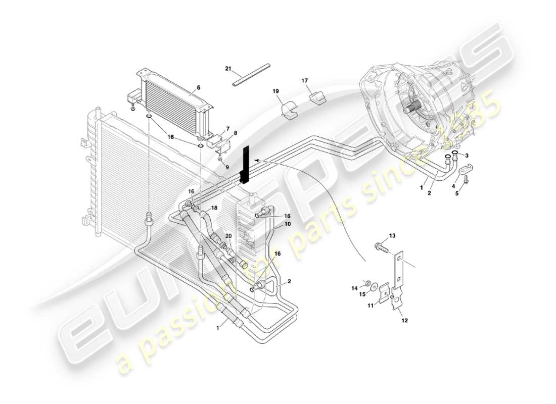 aston martin db7 vantage (2001) trasmissione automatica, diagramma delle parti di raffreddamento del cambio