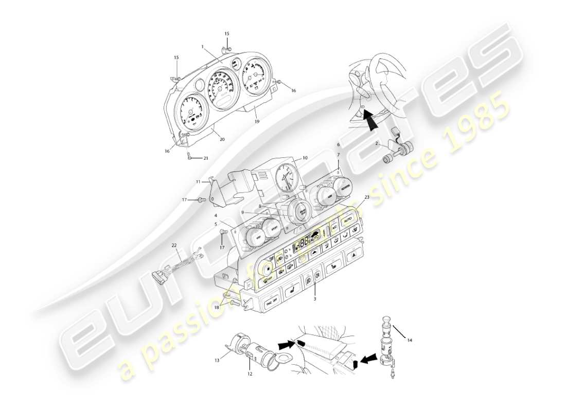 aston martin vanquish (2004) diagramma delle parti di strumenti e controlli