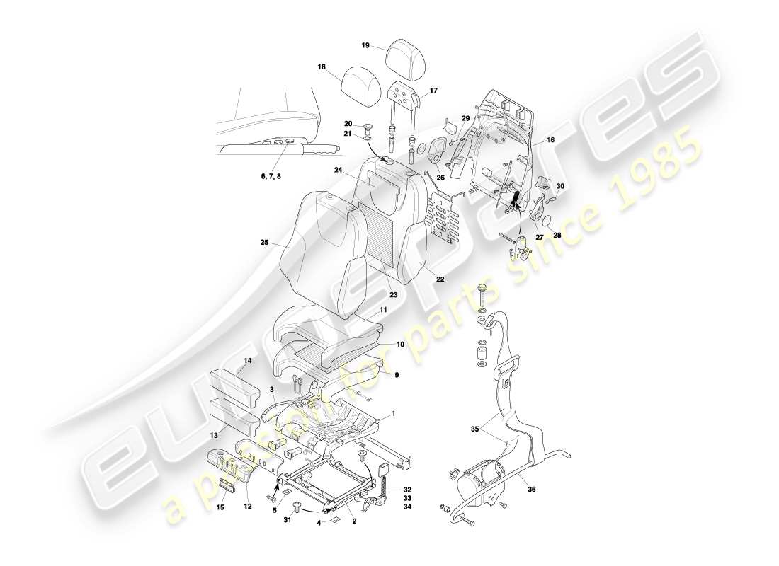 aston martin db7 vantage (2001) diagramma delle parti dei sedili anteriori e delle cinture