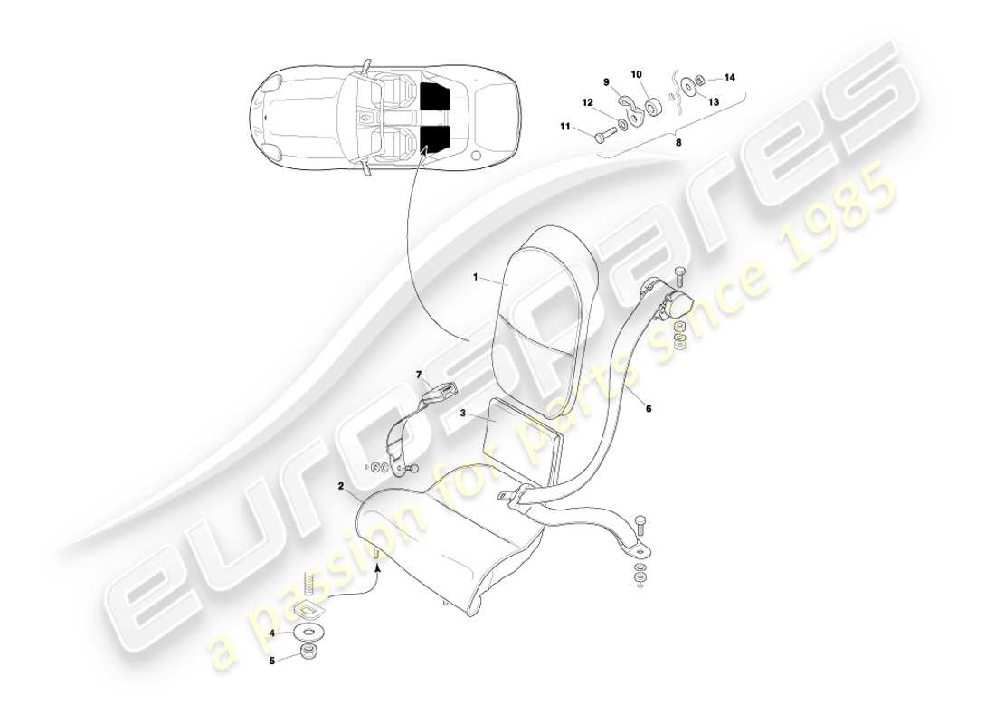 aston martin db7 vantage (2001) diagramma delle parti dei sedili posteriori e delle cinture