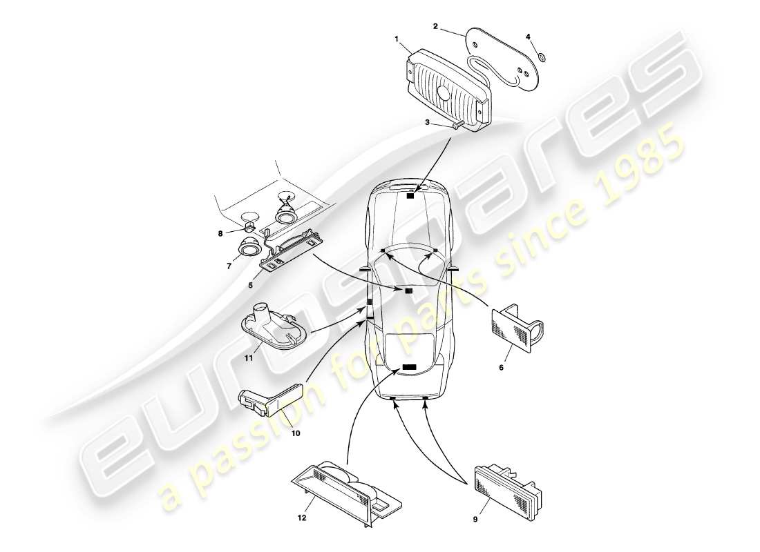 aston martin v8 coupe (2000) diagramma delle parti delle lampade interne