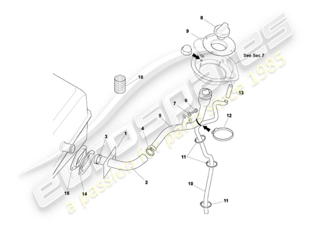 aston martin vanquish (2002) tubo di riempimento carburante diagramma delle parti