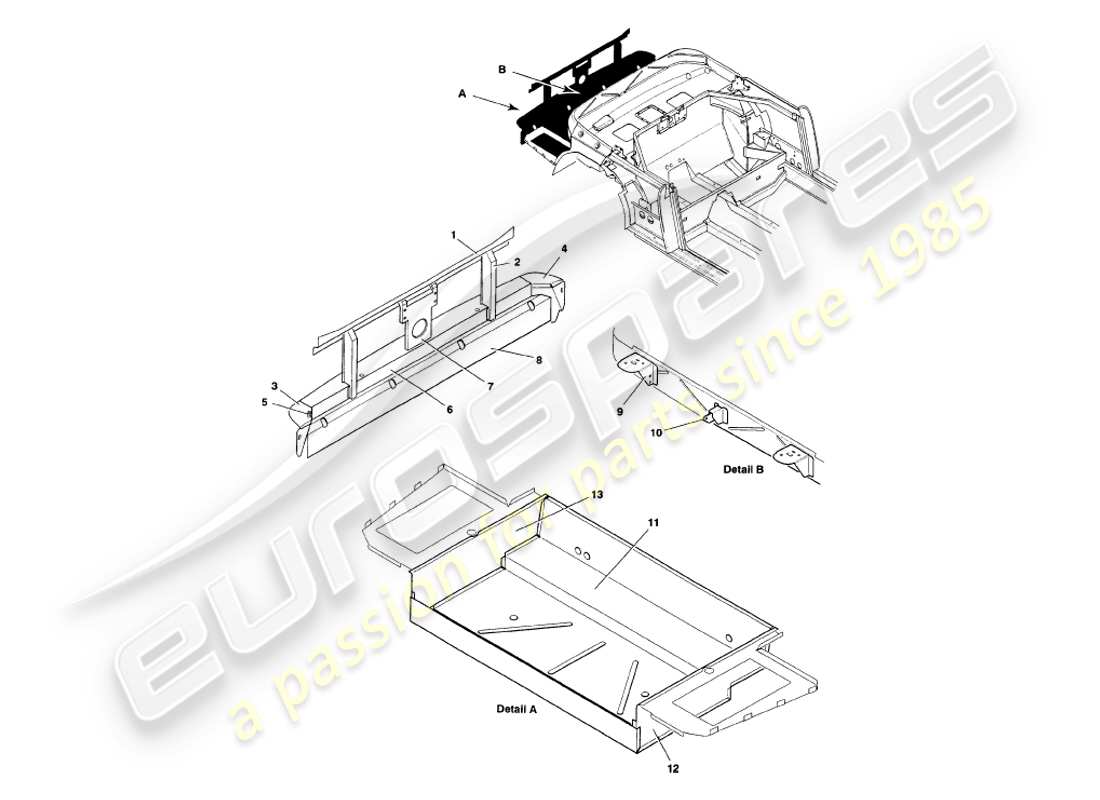 aston martin v8 volante (1998) schema delle parti della struttura posteriore, del paraurti e del bagagliaio