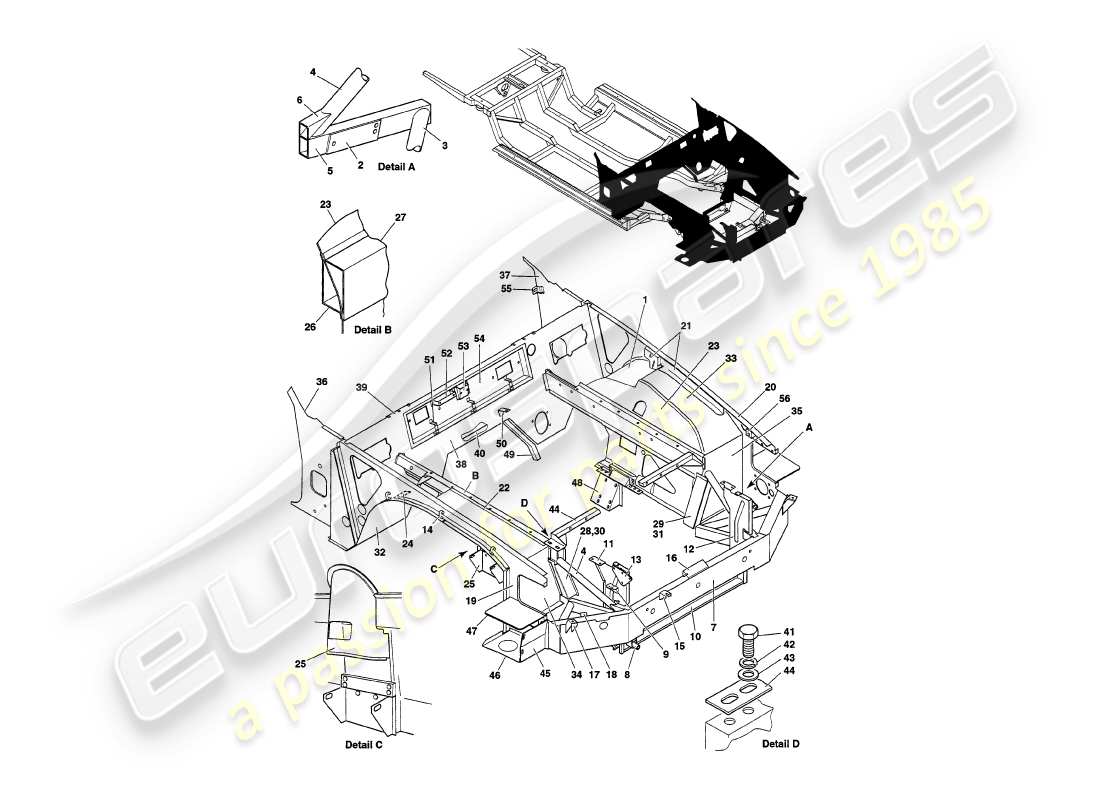 aston martin v8 volante (1997) struttura frontale diagramma delle parti
