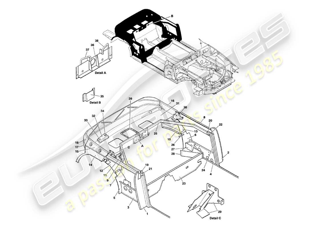 aston martin v8 volante (1997) diagramma delle parti della struttura posteriore