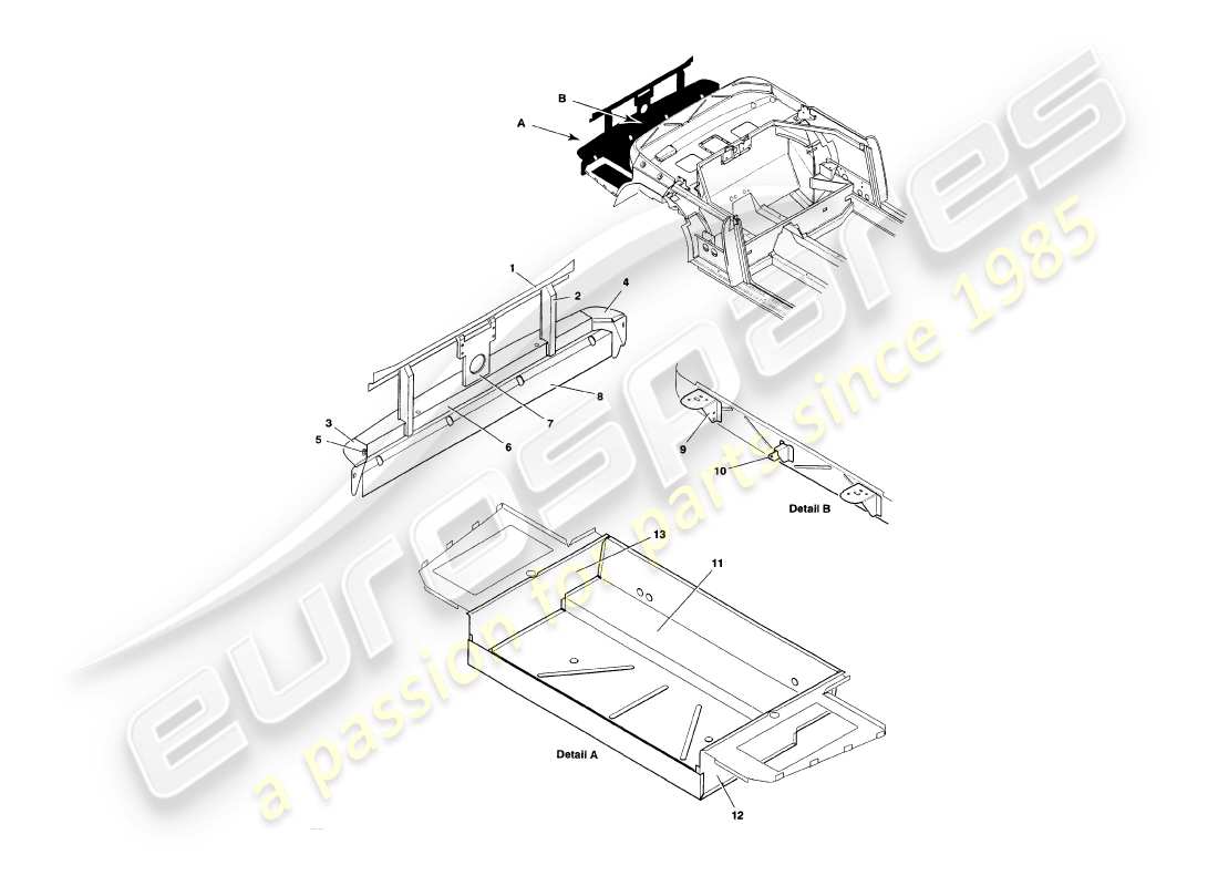aston martin v8 volante (1997) schema delle parti della struttura posteriore, del paraurti e del bagagliaio