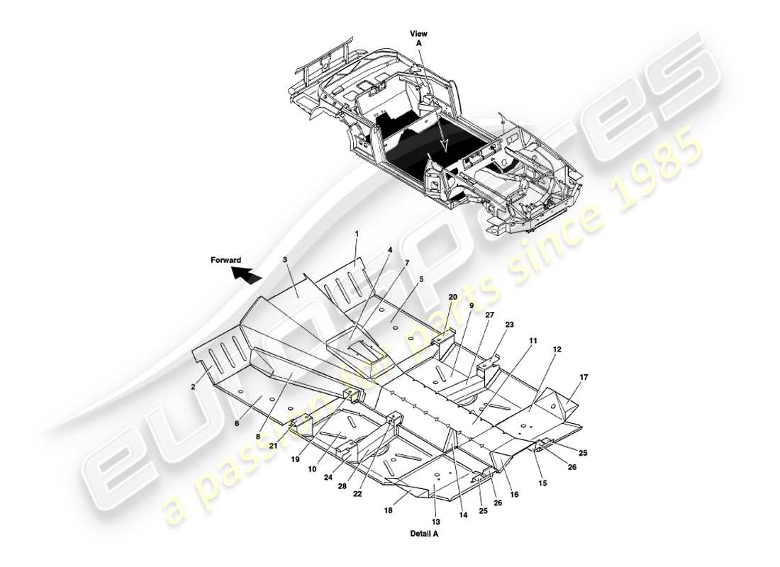 aston martin v8 volante (1997) pannelli del pavimento diagramma delle parti