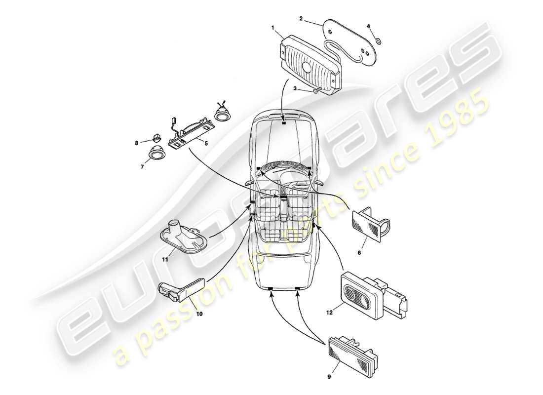 aston martin v8 volante (1998) diagramma delle parti delle lampade interne