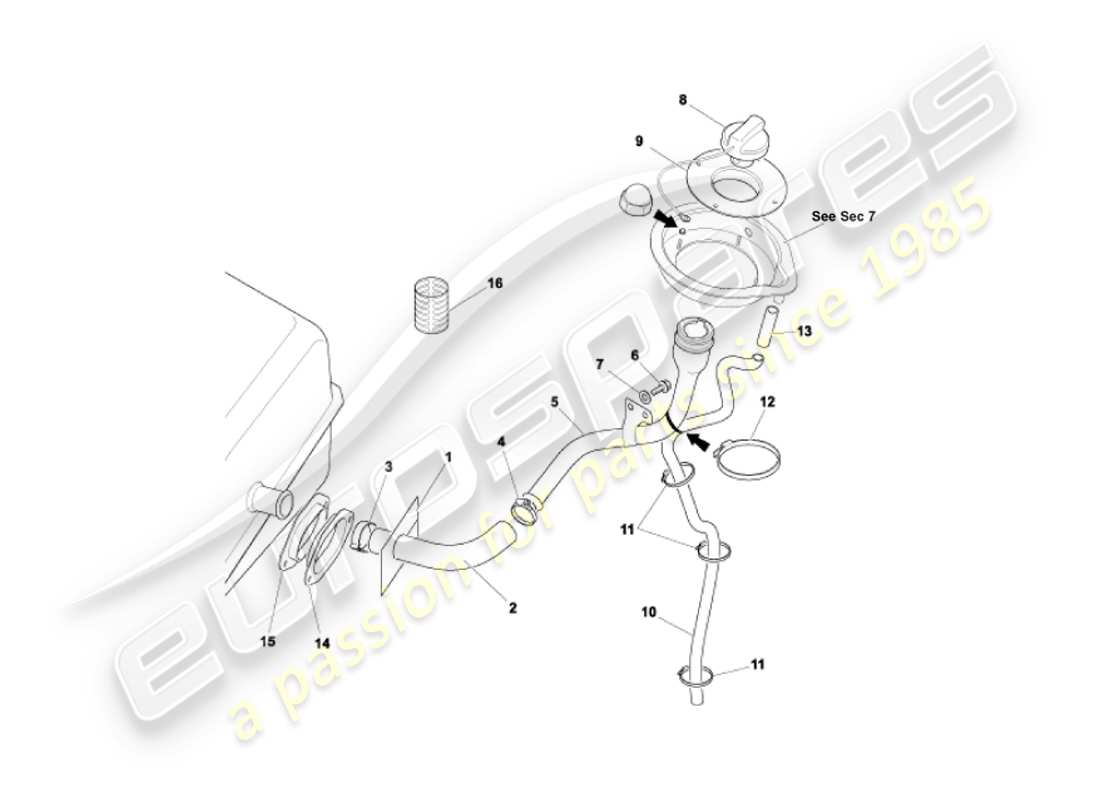aston martin vanquish (2004) tubo di riempimento carburante diagramma delle parti