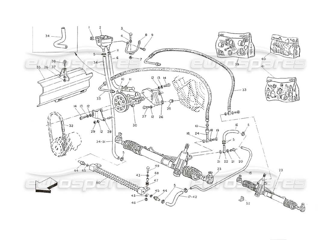 maserati shamal sistema di servosterzo con radiatore (canale di poppa) diagramma delle parti