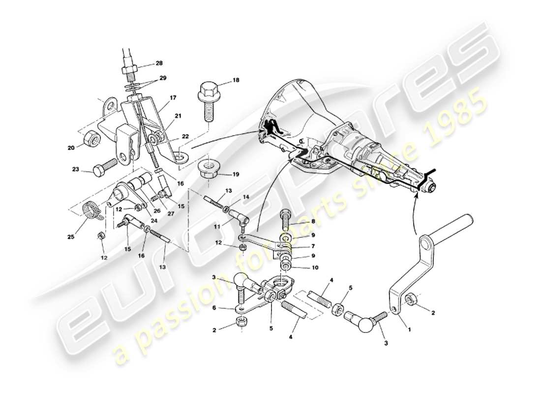 aston martin v8 volante (1998) diagramma delle parti del collegamento del cambio