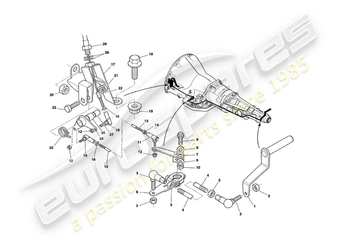 aston martin v8 coupe (2000) diagramma delle parti del collegamento del cambio