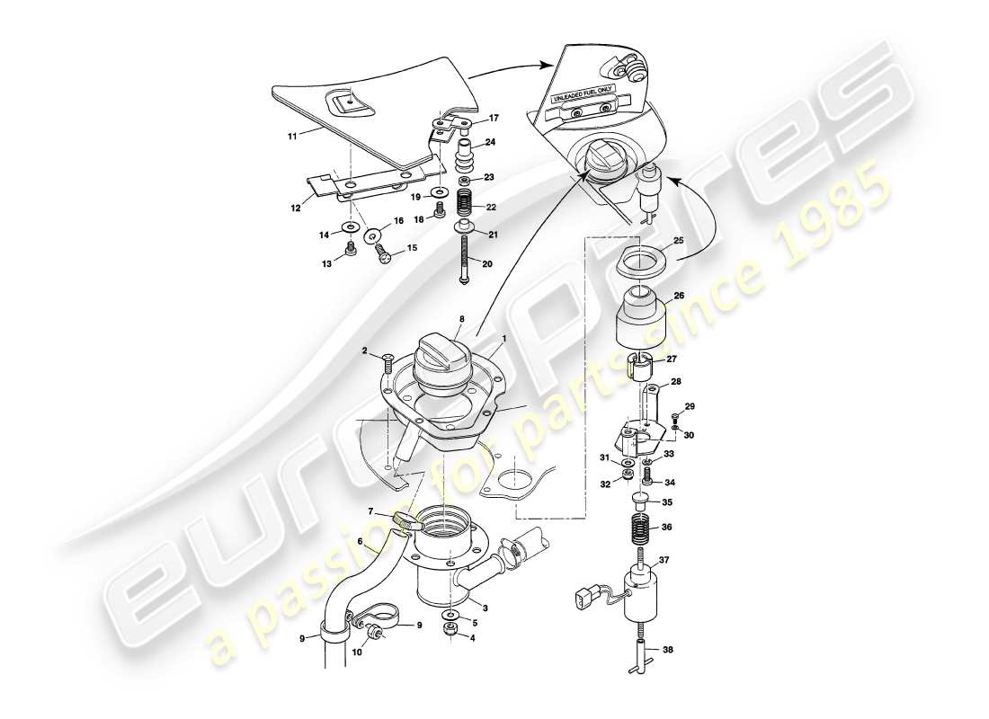 aston martin v8 volante (1999) sportelli del serbatoio del carburante diagramma delle parti
