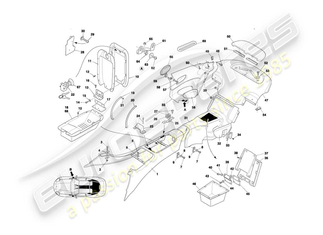 aston martin db7 vantage (1999) console centrale e finiture, diagramma delle parti coupé