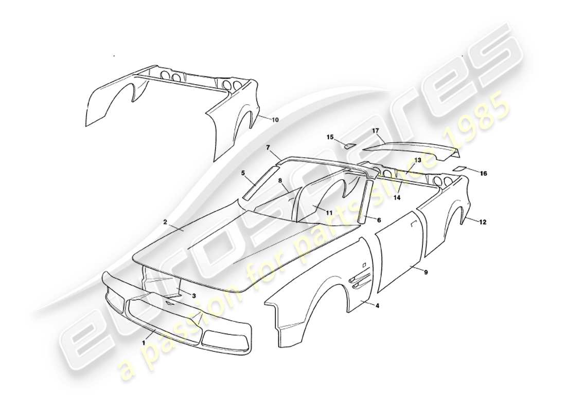 aston martin v8 volante (1998) diagramma delle parti dei pannelli della carrozzeria