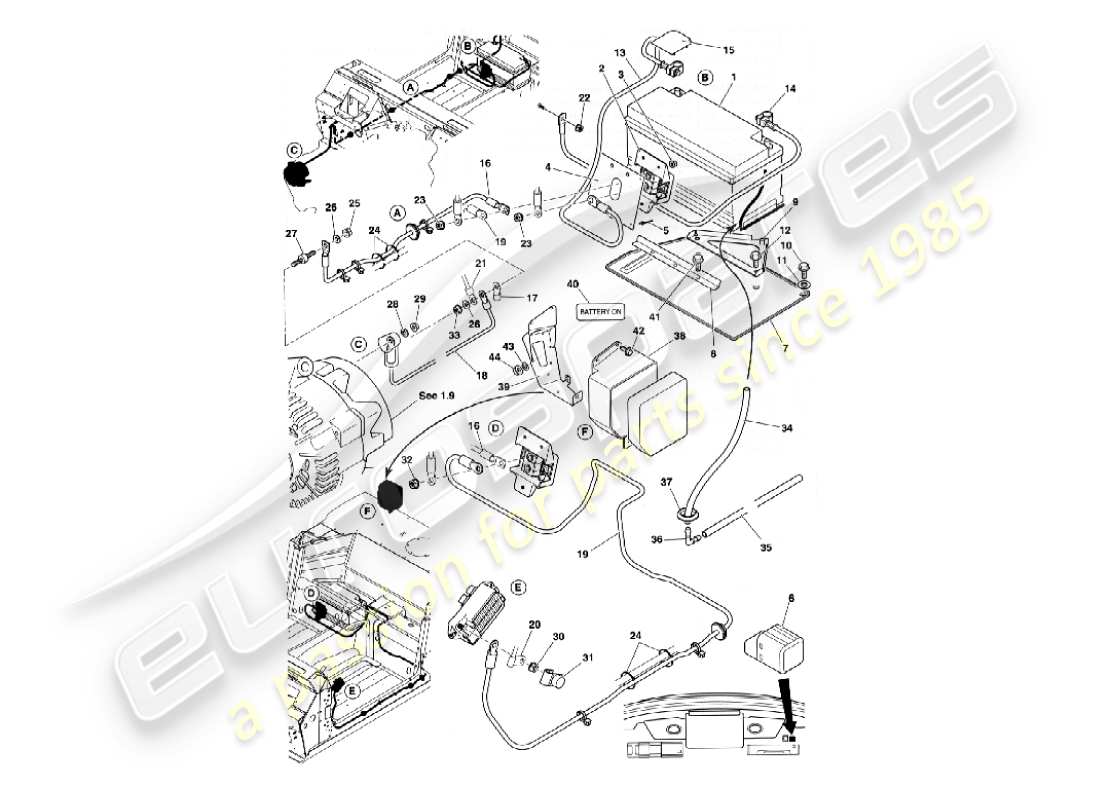 aston martin vanquish (2005) batteria e cavi diagramma delle parti