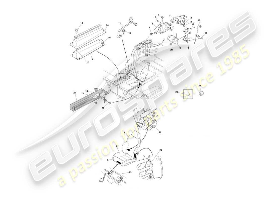 aston martin vanquish (2005) diagramma delle parti dei sedili anteriori e delle cinture
