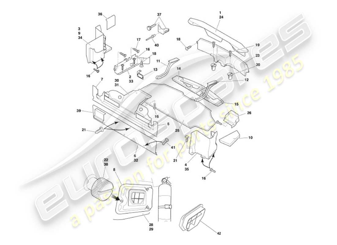 aston martin vanquish (2007) rivestimento e tappetini per bagagliaio diagramma delle parti