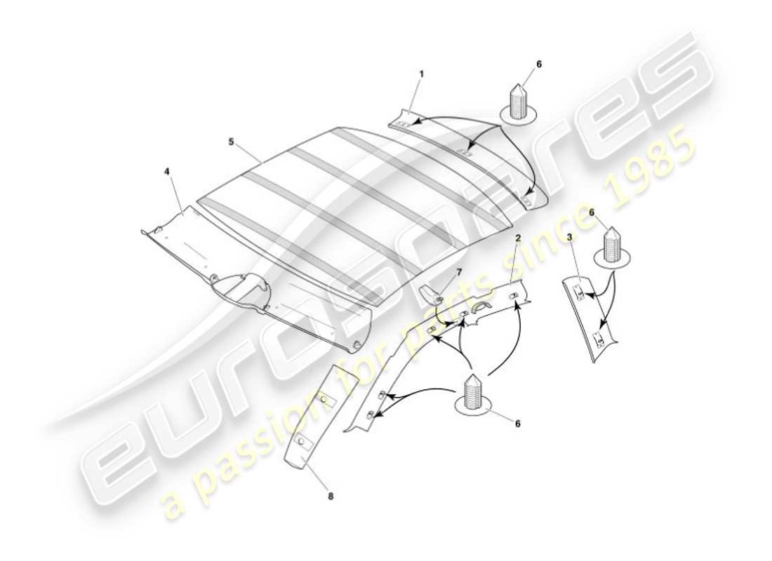aston martin vanquish (2007) diagramma delle parti del rivestimento superiore e del rivestimento del tetto