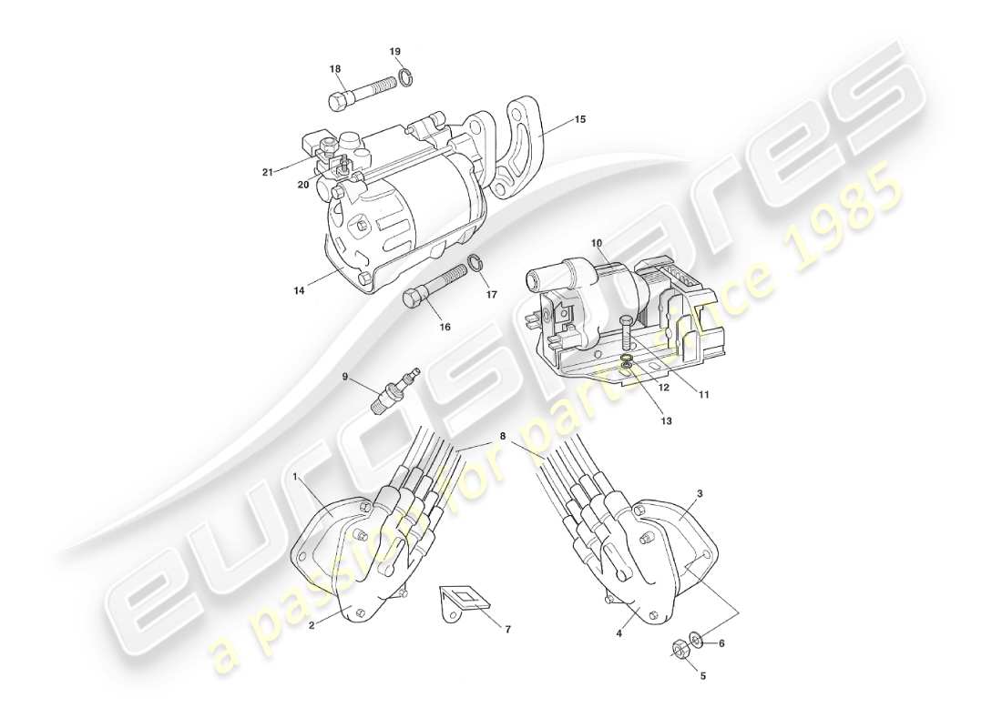 aston martin v8 virage (2000) diagramma delle parti di bobina di accensione, distributore e motorino di avviamento