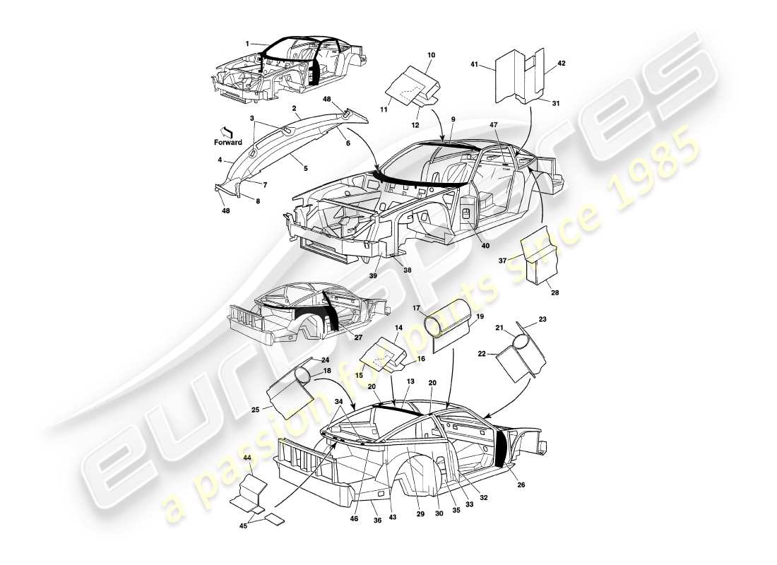 aston martin v8 coupe (1999) sovrastruttura del telaio diagramma delle parti