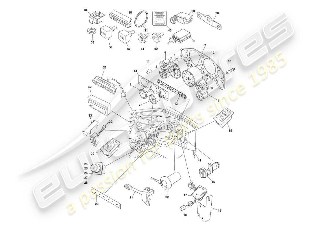 aston martin v8 virage (2000) strumenti e controlli diagramma delle parti