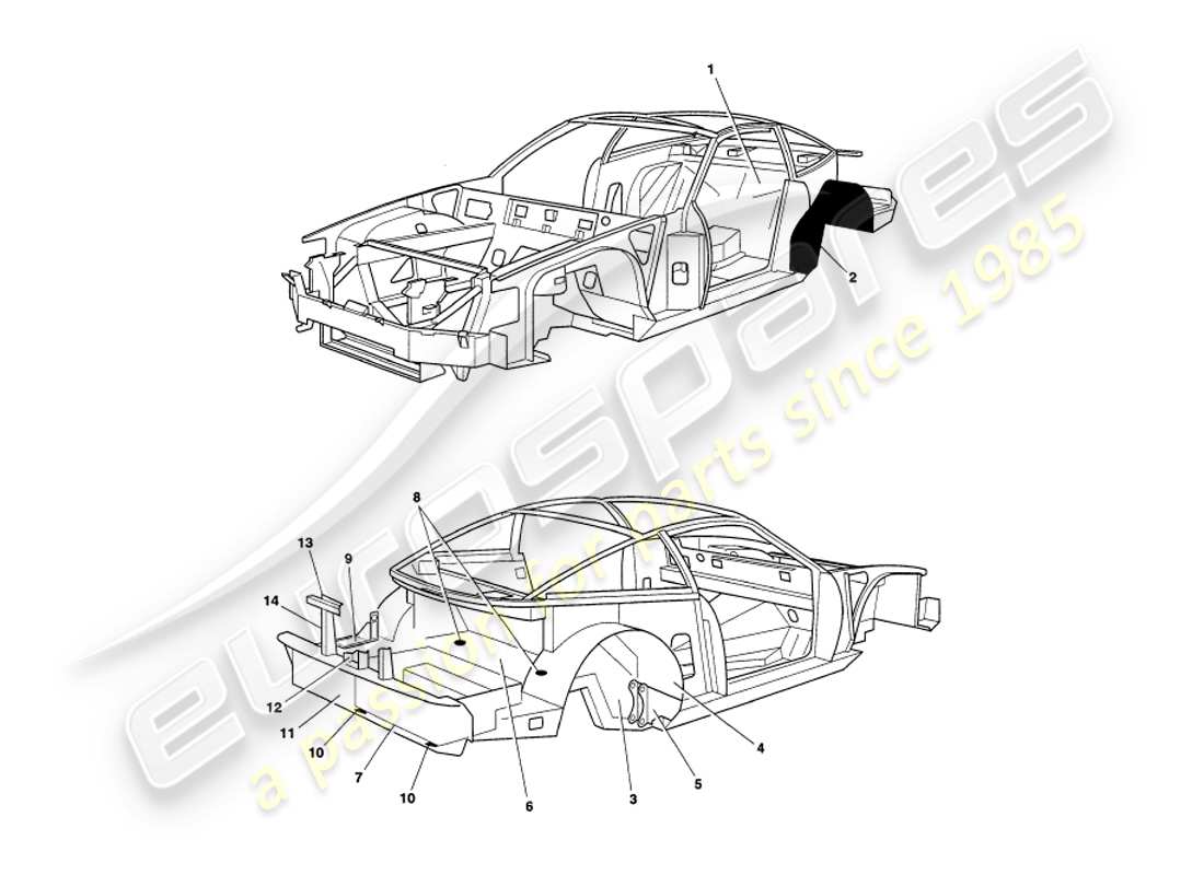 aston martin v8 coupe (1999) diagramma delle parti dei pannelli del telaio