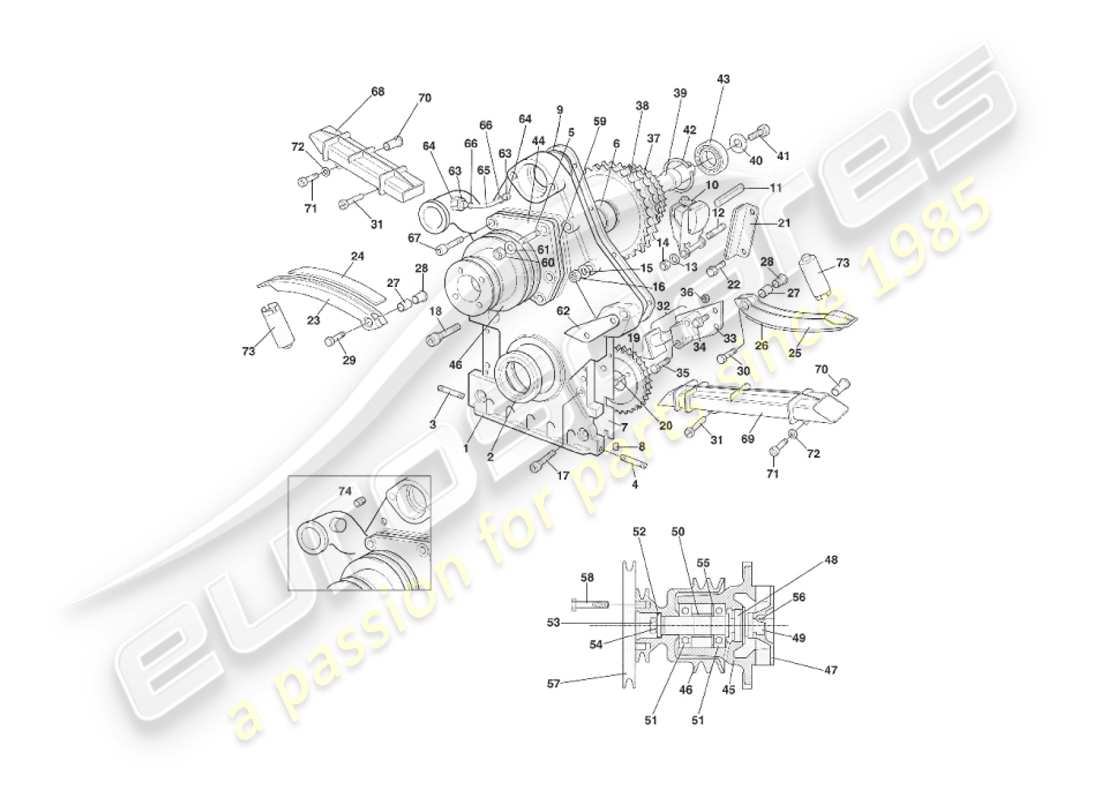 aston martin v8 virage (2000) schema delle parti della scatola della distribuzione, della pompa dell'acqua e dei pignoni