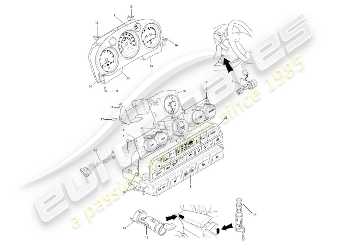 aston martin vanquish (2007) diagramma delle parti di strumenti e controlli
