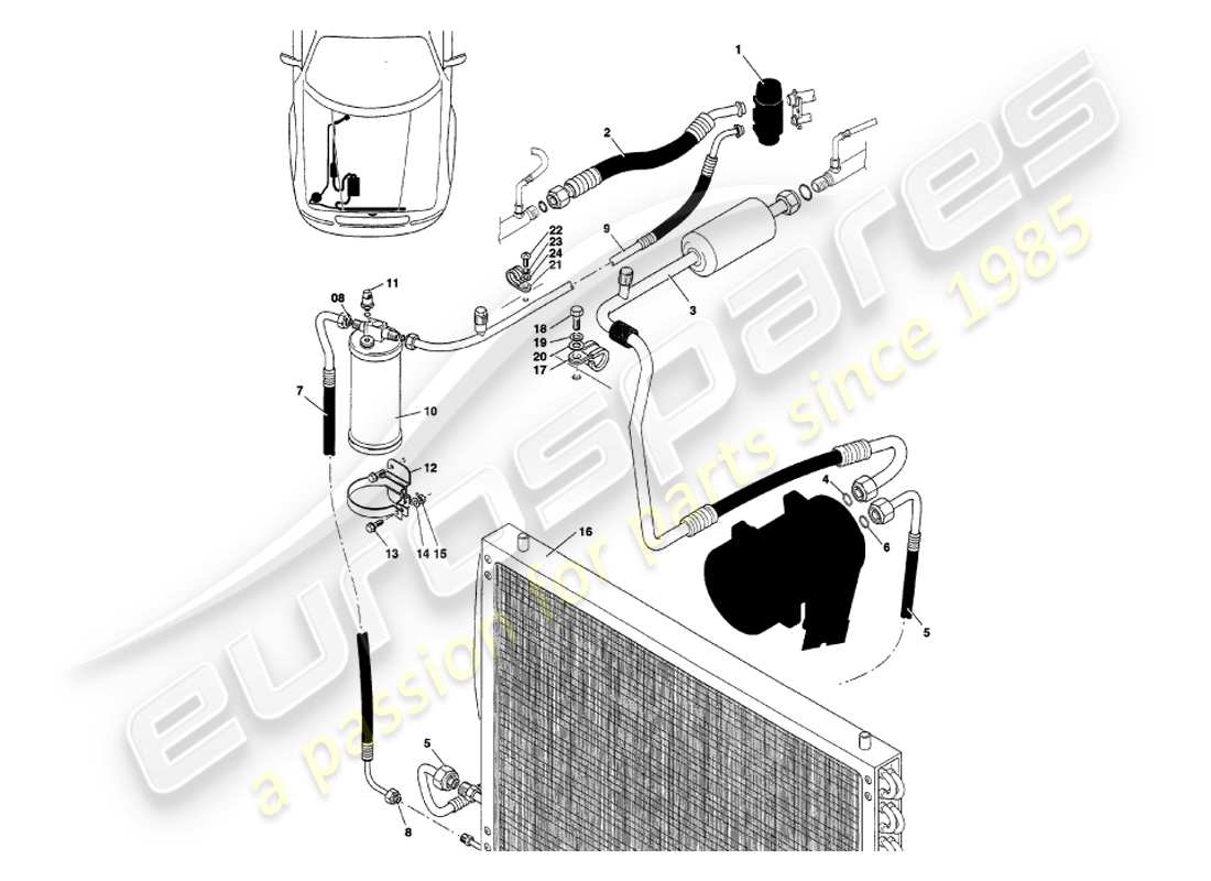 aston martin v8 volante (1999) diagramma delle parti di installazione del vano motore