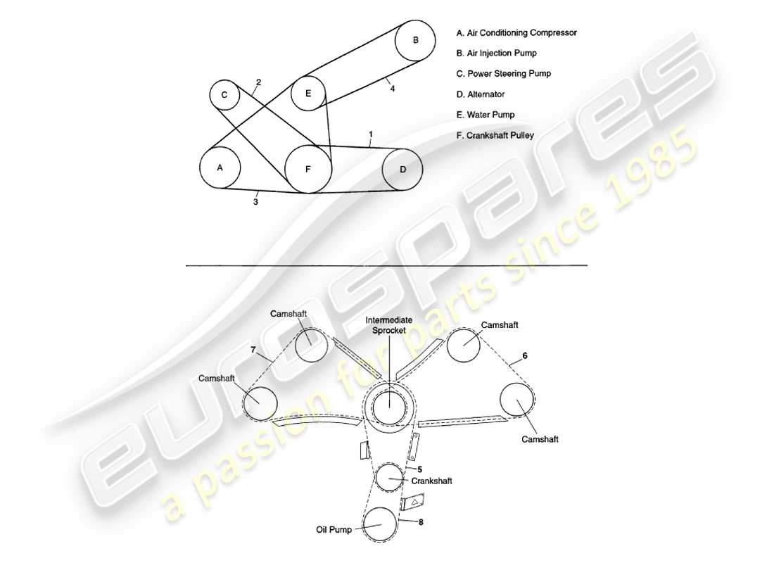 aston martin v8 volante (1999) diagramma delle parti di cinghie e catene