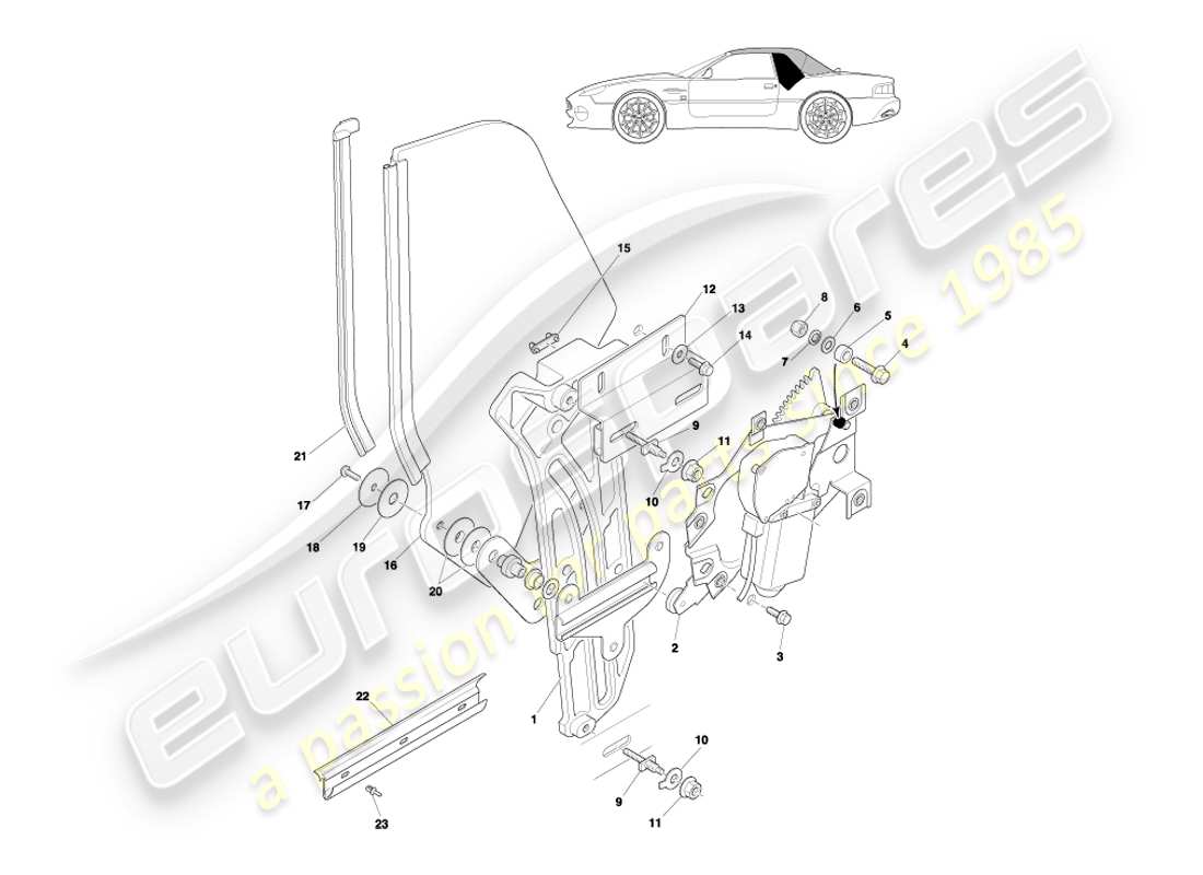 aston martin db7 vantage (1999) diagramma delle parti del vetro e del meccanismo del quarto posteriore volante