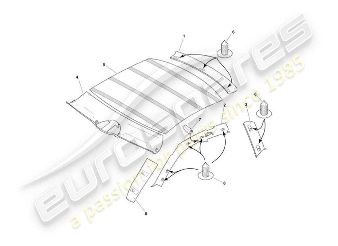 aston martin vanquish (2002) rivestimento superiore e rivestimento del tetto diagramma delle parti