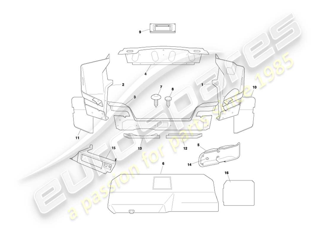 aston martin db7 vantage (1999) diagramma delle parti del rivestimento e dei tappetini del bagagliaio volante
