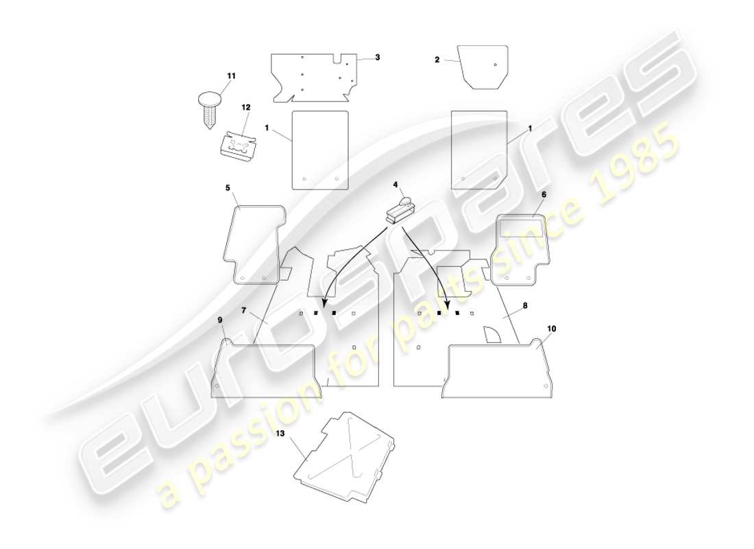 aston martin db7 vantage (1999) diagramma delle parti dei tappeti coupé
