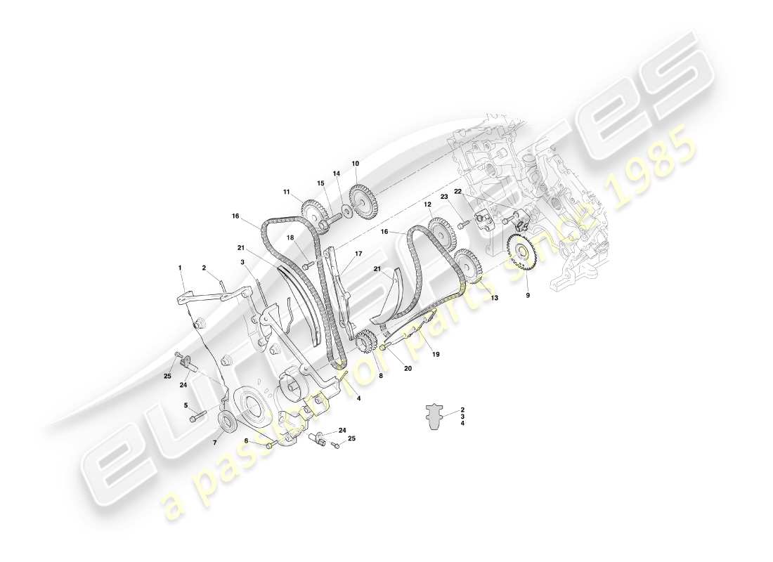 aston martin db7 vantage (1999) schema delle parti della scatola della distribuzione, della pompa dell'acqua e dei pignoni