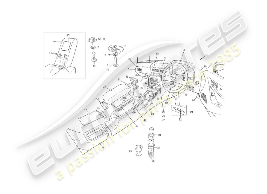 aston martin v8 virage (2000) schema delle parti delle finiture interne, della plancia e della console centrale