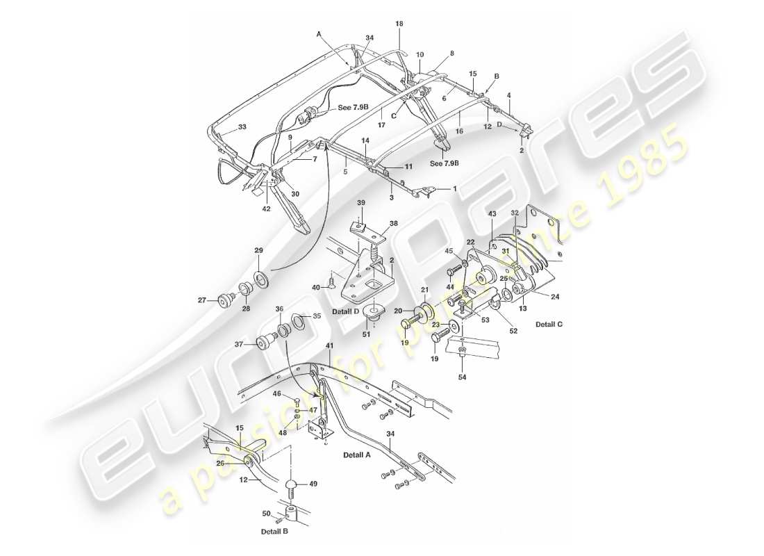 aston martin v8 virage (2000) schema delle parti del gruppo telaio della cappa