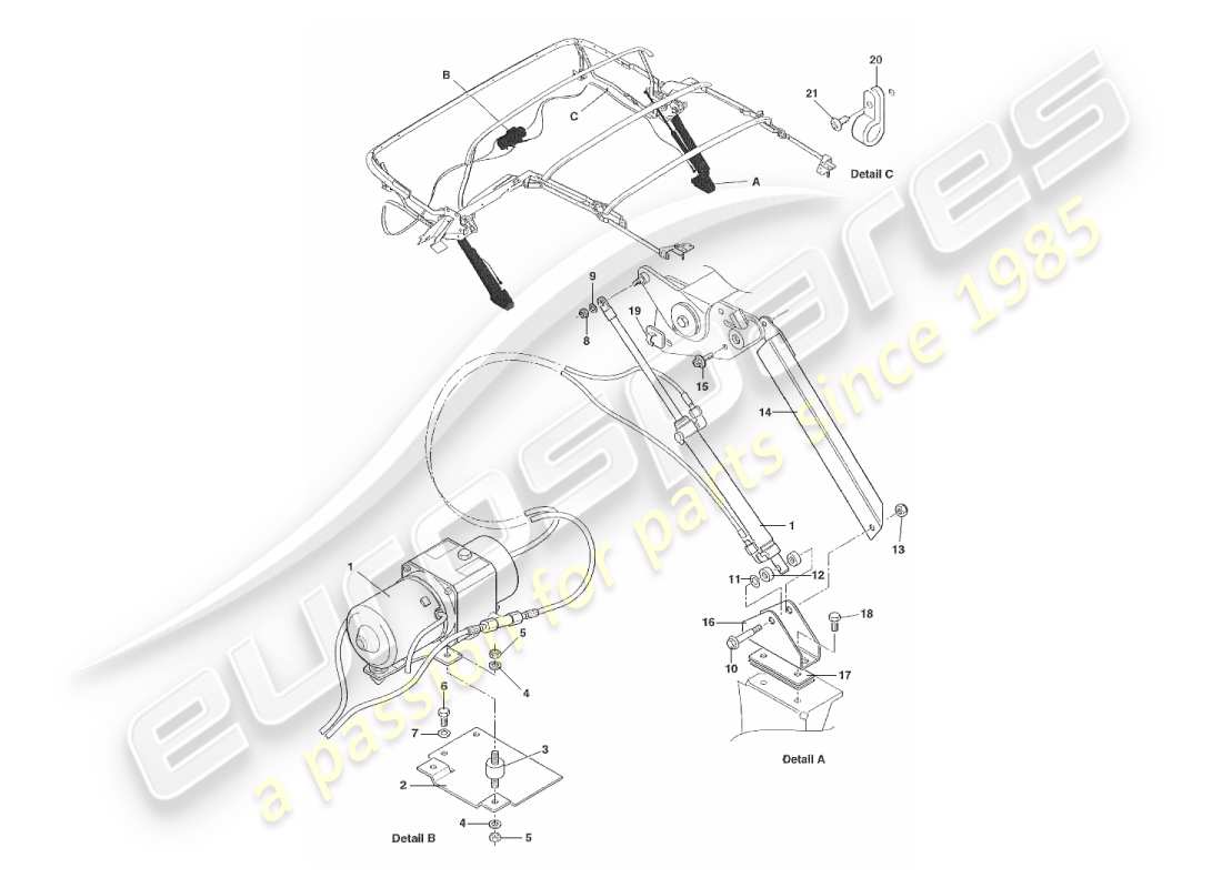 aston martin v8 virage (2000) sistema idraulico del cofano diagramma delle parti