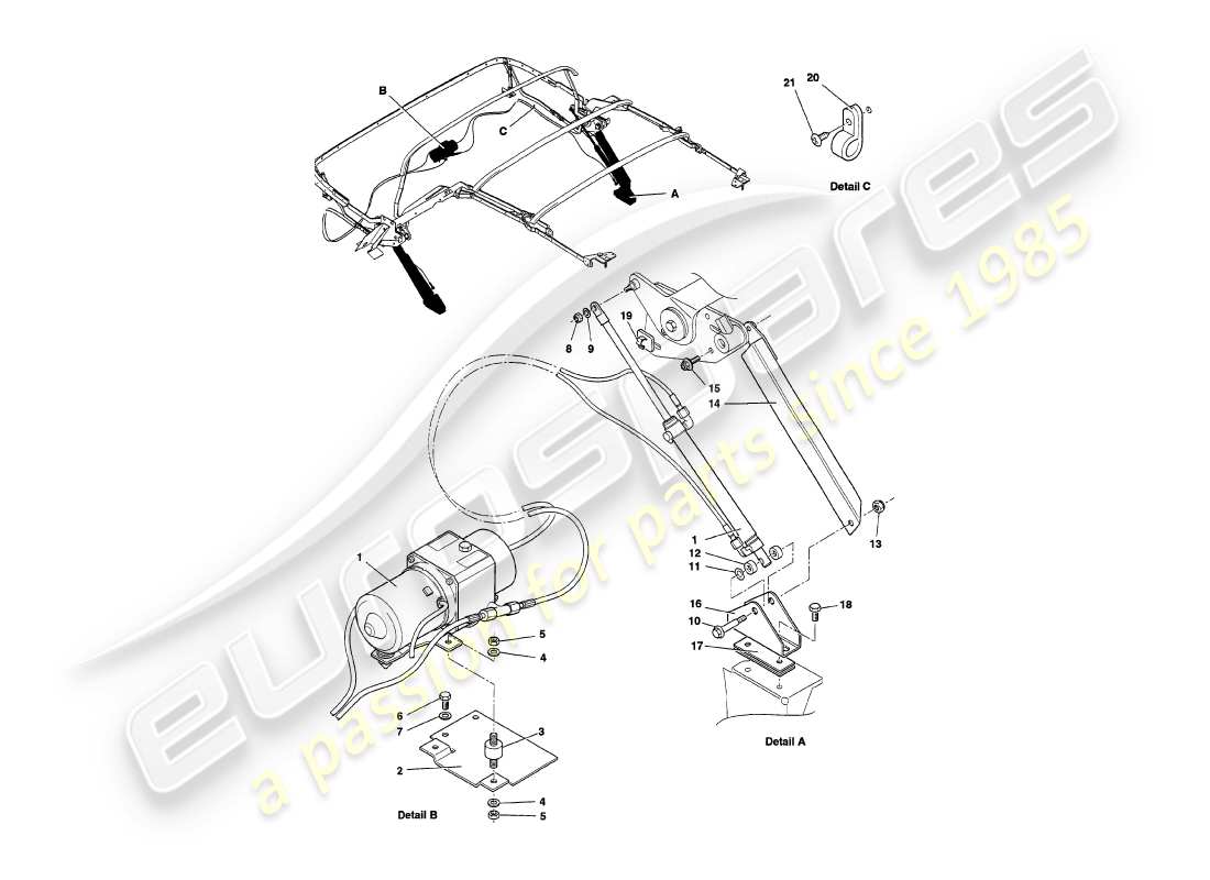 aston martin v8 volante (2000) idraulica del cofano diagramma delle parti