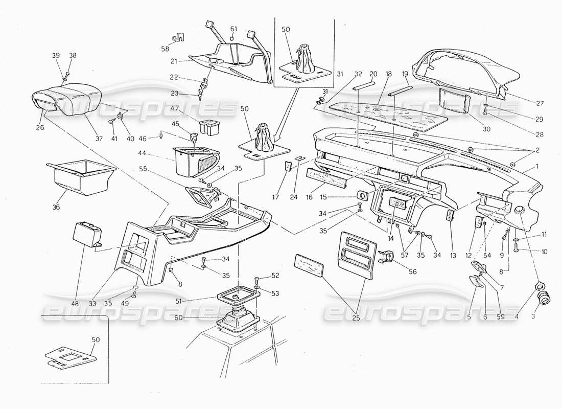 maserati 228 schema delle parti del pannello strumenti e della console (sterzo destro).