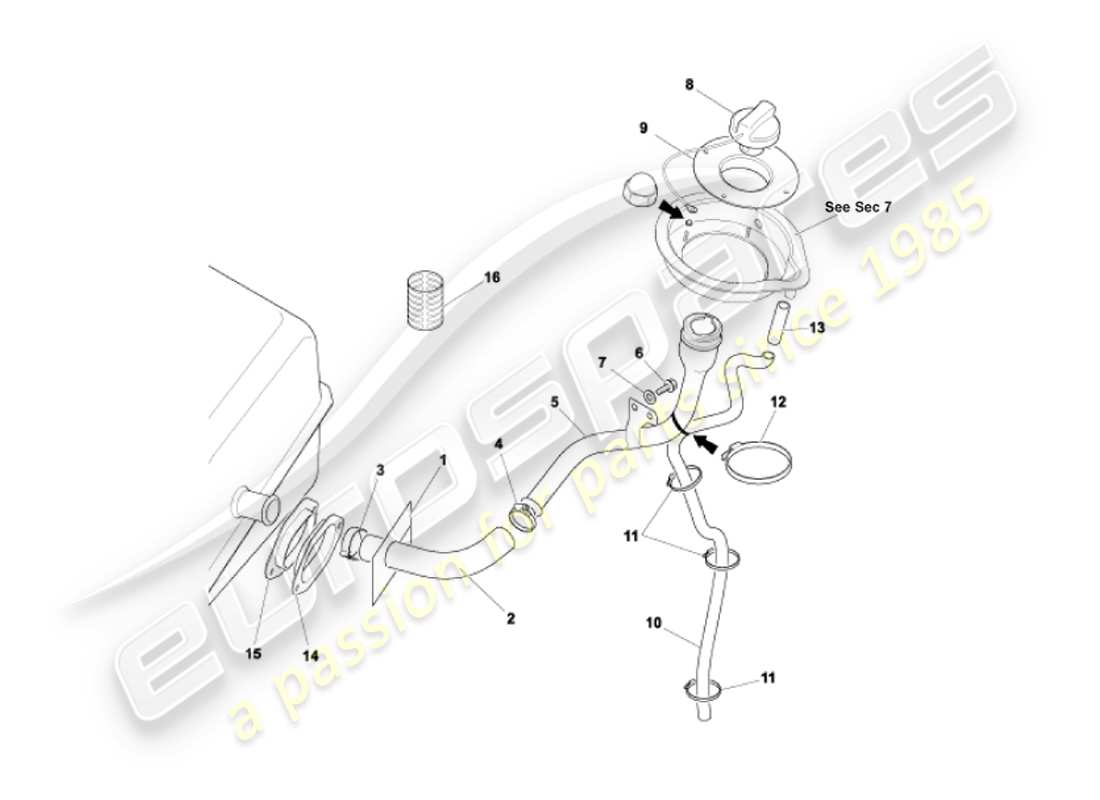 aston martin vanquish (2007) tubo di riempimento carburante diagramma delle parti
