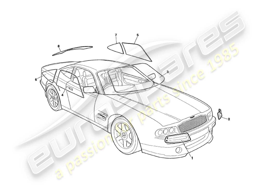 aston martin v8 coupe (1999) bicchiere diagramma delle parti