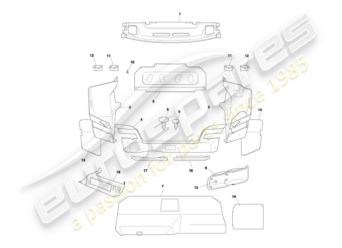 aston martin db7 vantage (2004) schema delle parti del rivestimento e dei tappetini del bagagliaio di una coupé
