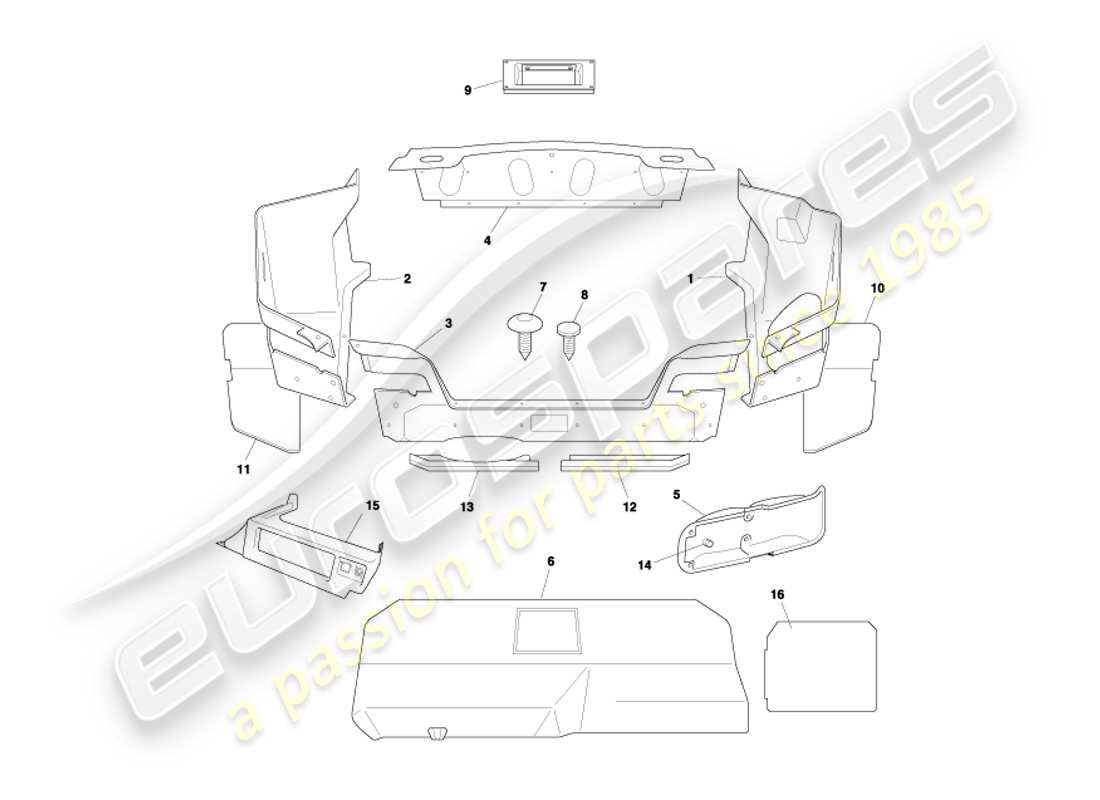 aston martin db7 vantage (2004) diagramma delle parti del rivestimento e dei tappetini del bagagliaio volante
